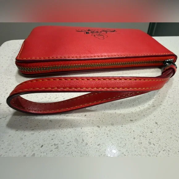 Coach x Disney Mickey on Bike Limited Edition Vibrant Red Leather Wristlet